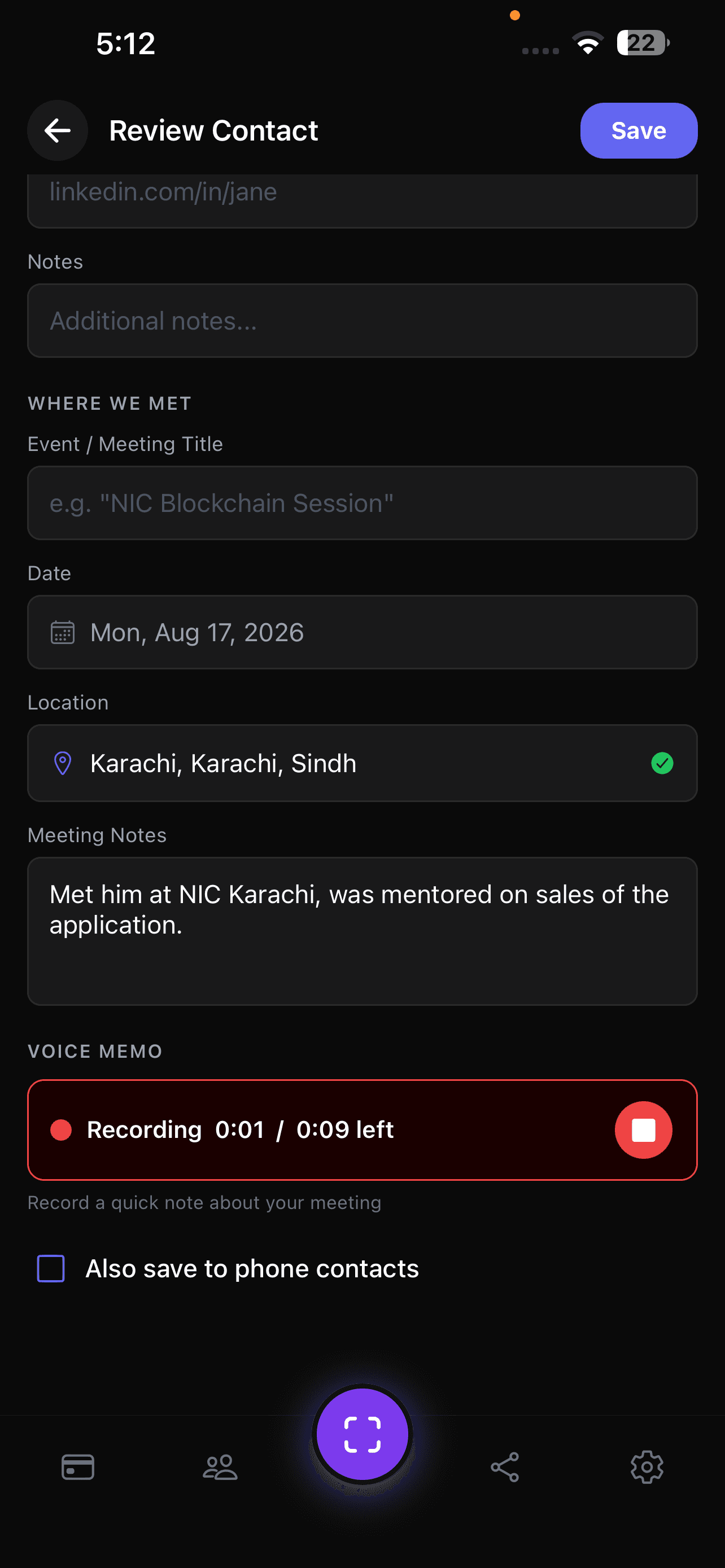 The review contact screen with fields for event, date, location, meeting notes and an in-progress voice memo recording.