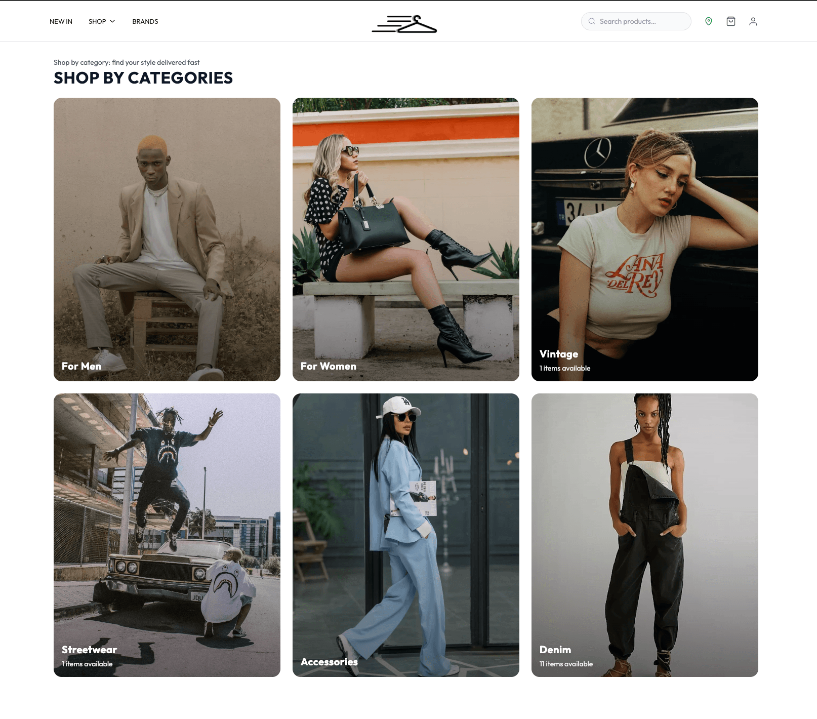 A shop by categories grid on StitchGrab showing six category tiles: for men, for women, vintage, streetwear, accessories and denim, each with an item count.